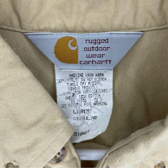 Carhartt Vintage Short Sleeve Workwear Khaki Twill Button Down Shirt Size L - Picture 2 of 8